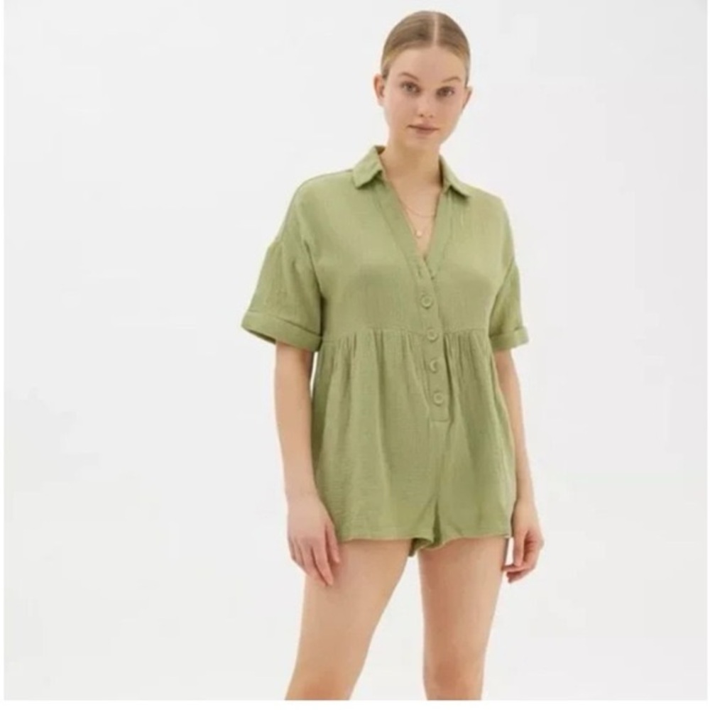 Urban Outfitters V Neck Button Romper Green
